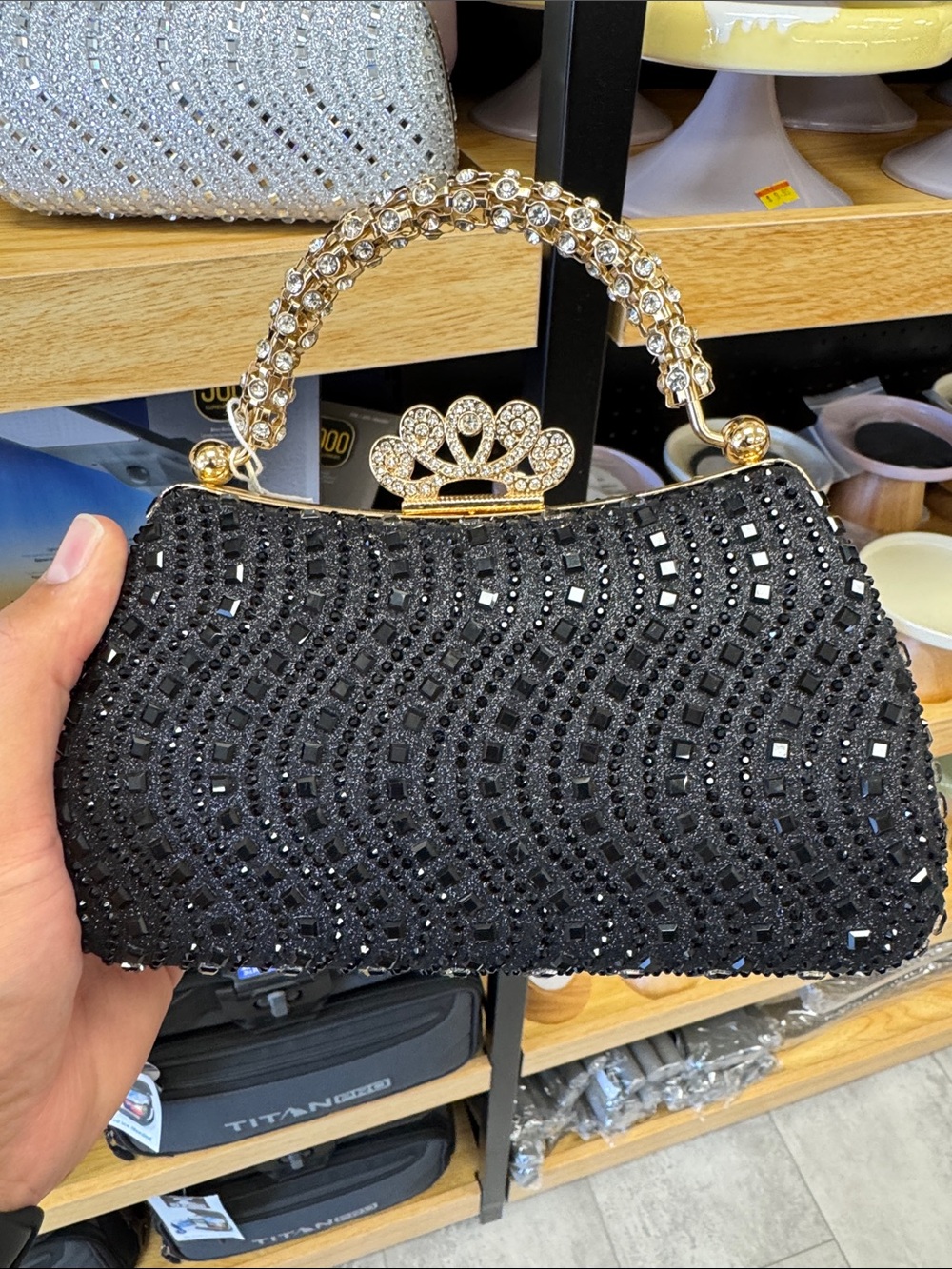 Black Crystal Evening Clutch with Gold Chain Handle
